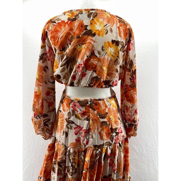 Hello Molly Midi Dress Size S Don't Stop Me Floral Orange Cut Out Long Sleeve - Picture 7 of 10